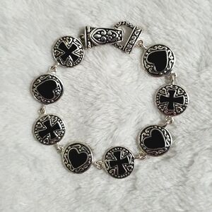 Silvertone Heart and Cross Bracelet